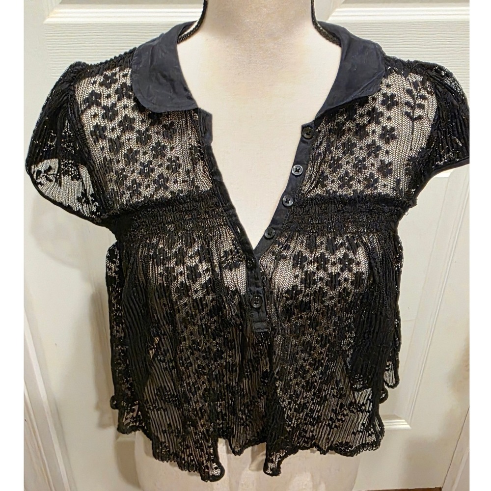 Maeve Anthropologie Black Floral Lace Sheer Babydoll Blouse XXS OB2229011